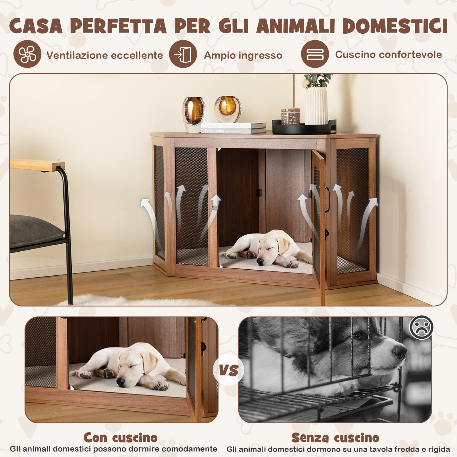GYMAX Gabbia per Animali Domestici, Cuccia d'Angolo per Cani e Gatti con Cuscino e Porta Bloccabile, Mobile Gabbia per Animali 2-in-1, per Casa, Appartamento, Negozio di Animali