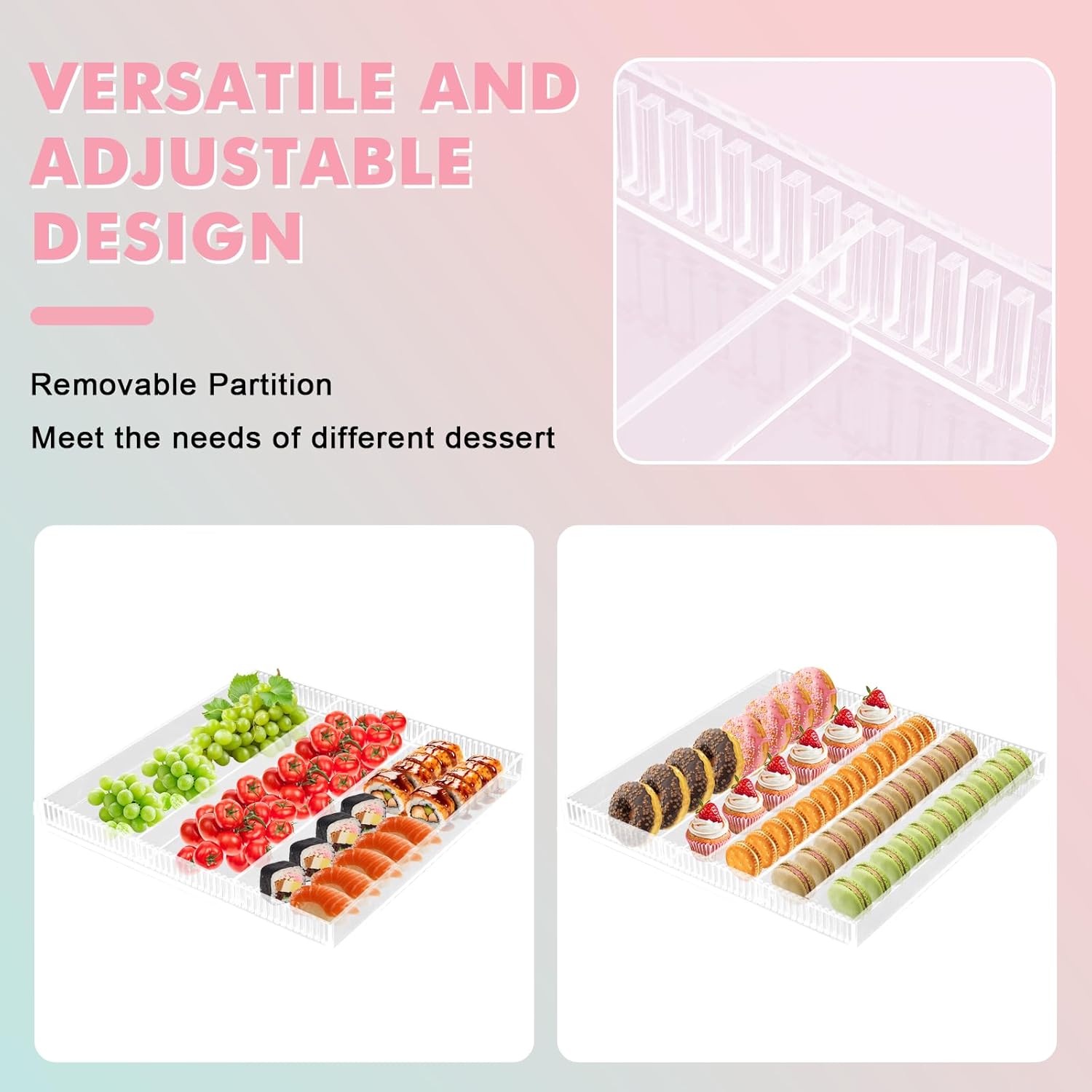 Acrylic Macaron Display Tray Cookie Display Stand with 6 Slots Removable Partition Bakery Display Trays for Wedding Home Party