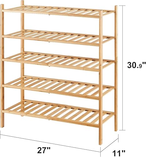 Vista 3 de Zapatero de bambú de 5 niveles para entrada, apilable plegable Natural, organizador de zapatos para armario de pasillo, zapateros de pie