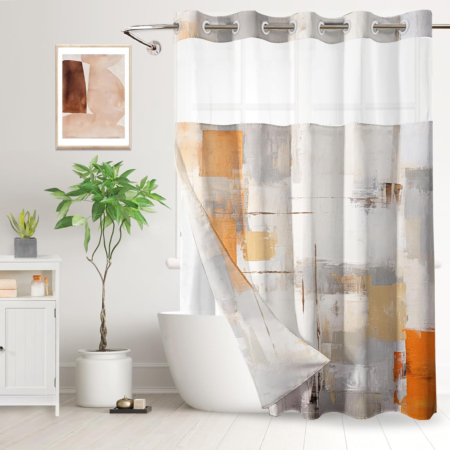 Hookless Shower Curtain with Snap in Liner, Orange Grey No Hook Shower Curtain with Liner Set, Watercolor Bathroom Curtain with Liner and See Through Top Window Bathroom Decor Set 71x74 Inches
