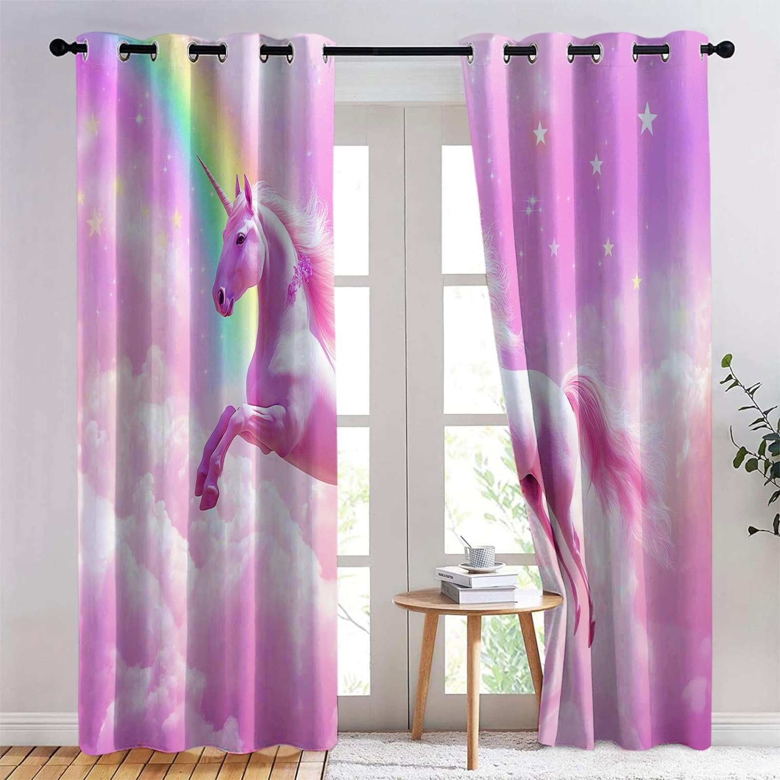 Rideaux Occultants Thermiques Licorne Arc-en-Ciel Violet, Rideaux Opaques à Œillets pour Salon et Salle à Manger, Isolation Thermique Moderne, L140 x H245 cm, Lot de 2