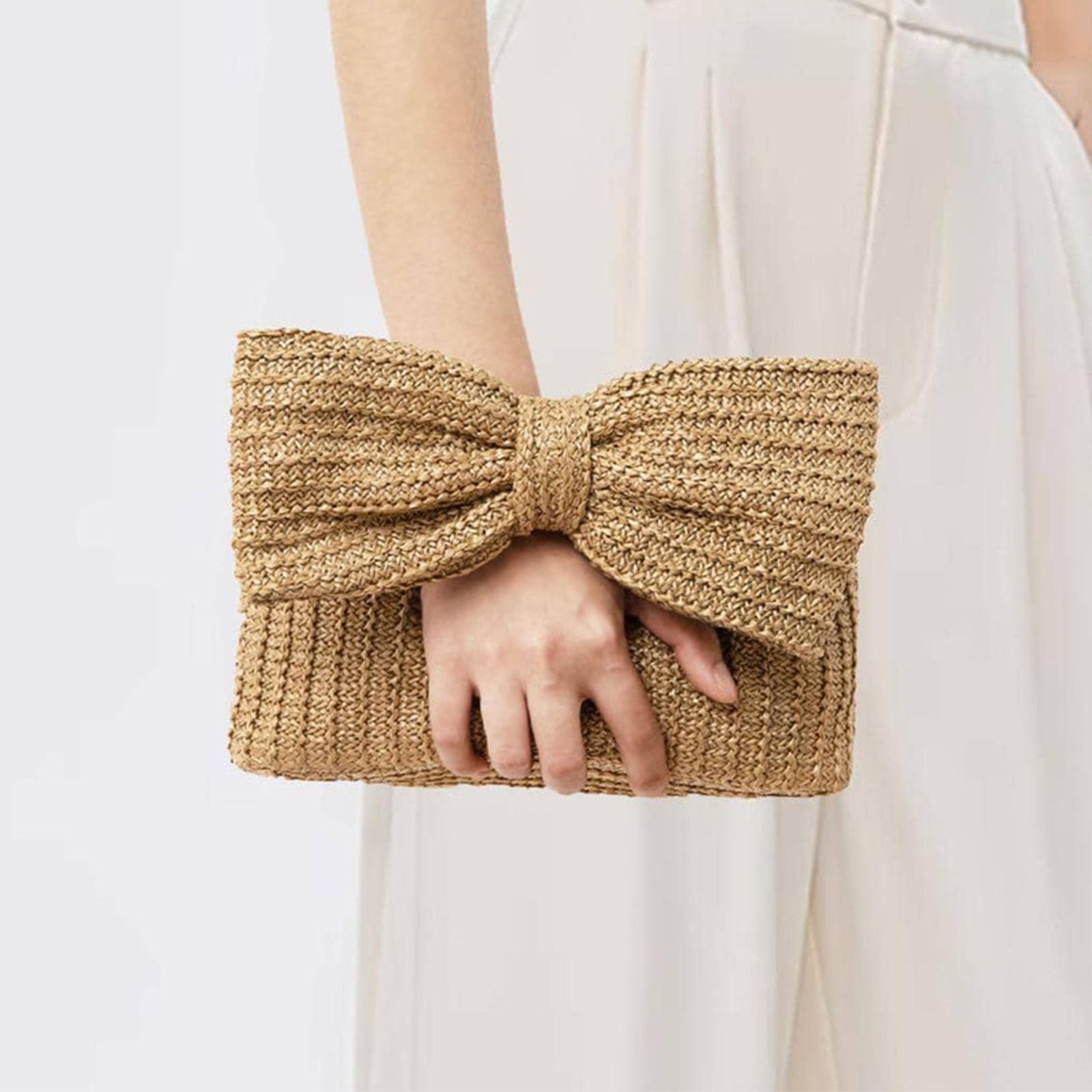 Pochette Femme En Paille Avec Nœud D'Été + Pendentif - Sac Mariage Festival Kaki Élégant