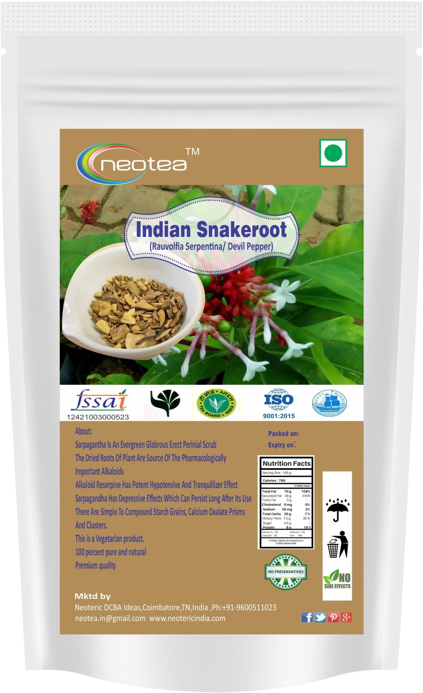 Neotea Rauvolfia Serpentina / Indian Snakeroot / Devil Pepper / Amalpori/ Sarpagandha Root, 300 G