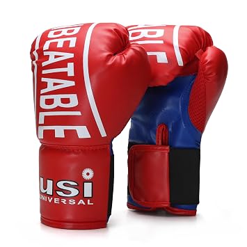 USI Universal Boxing Gloves, 612NV Red Novice Boxing Gloves, Vinyl Construction, Lightweight Padding, Ventilated Upper Palm and Thumb, Elasticated Hook & Loop Tab Closure (Size Junior)