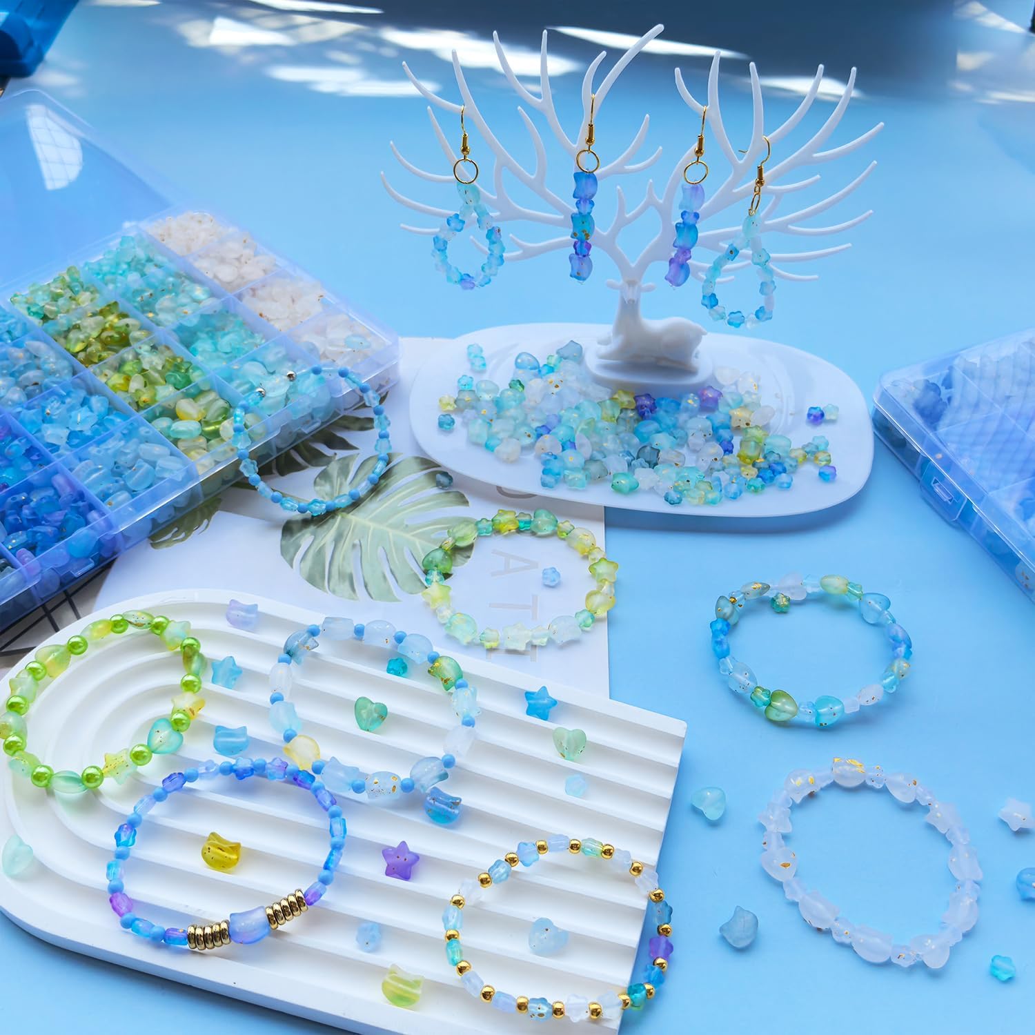 1300Pcs Green Blue Assorted Acrylic Beads for Bracelet Jewelry Making, Frosted Star Heart Flower Cute Cat Head Shape Beads Matte Pastel Beads Cute Aesthetic Kawaii Bead for DIY Necklace Keychain image 2