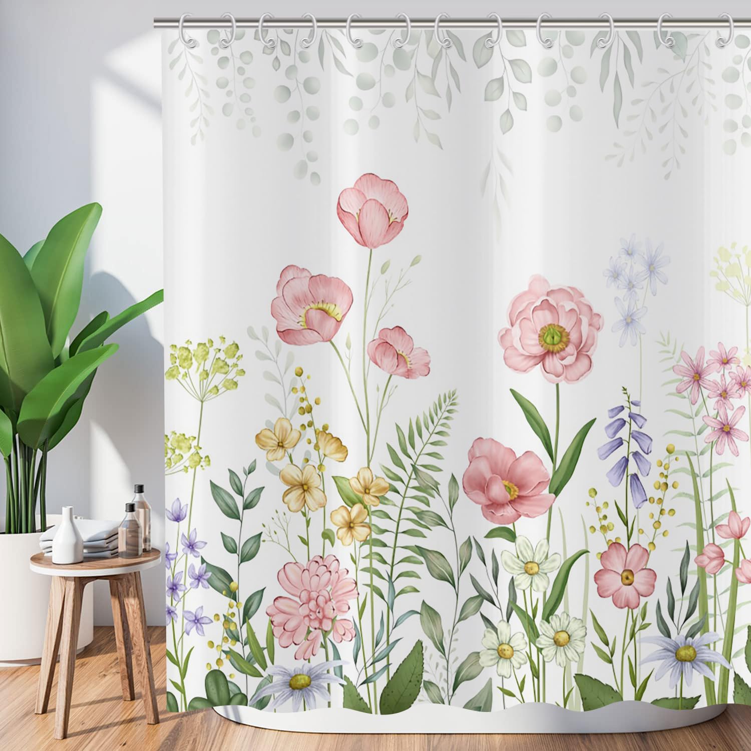 ASDCXZ Flower Shower Curtain 165x180 cm, Spring Rose Yellow Purple Colorful Flowers Green Leaves White Washable Shower Curtains Polyester Textile Waterproof Bath Curtain for Bathtub with 12 Hooks โ image 1