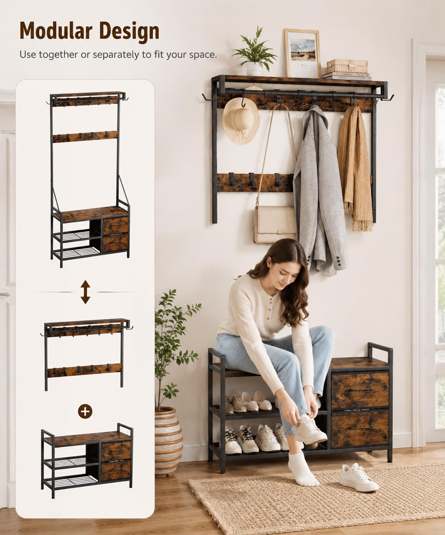Yorbay Perchero multifuncional con zapatero banco: perchero extraíble para pasillo, marco de metal con cajones, ganchos – Perchero de pared zapatero para pasillo, salón, entradas