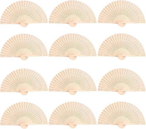GIGGSKZE Paquete de 12 ventiladores plegables de madera vintage, ventilador de sándalo chino de mano para decoración de bodas, baby shower,