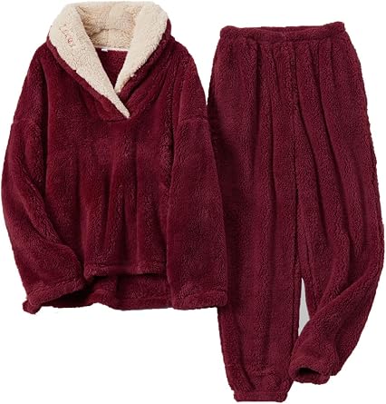 Womens Fluffy Loungewear Sleepwear Lounge Casual Pajamas Sets Loose Long Sleeve Fleece Pullover and Pants Set