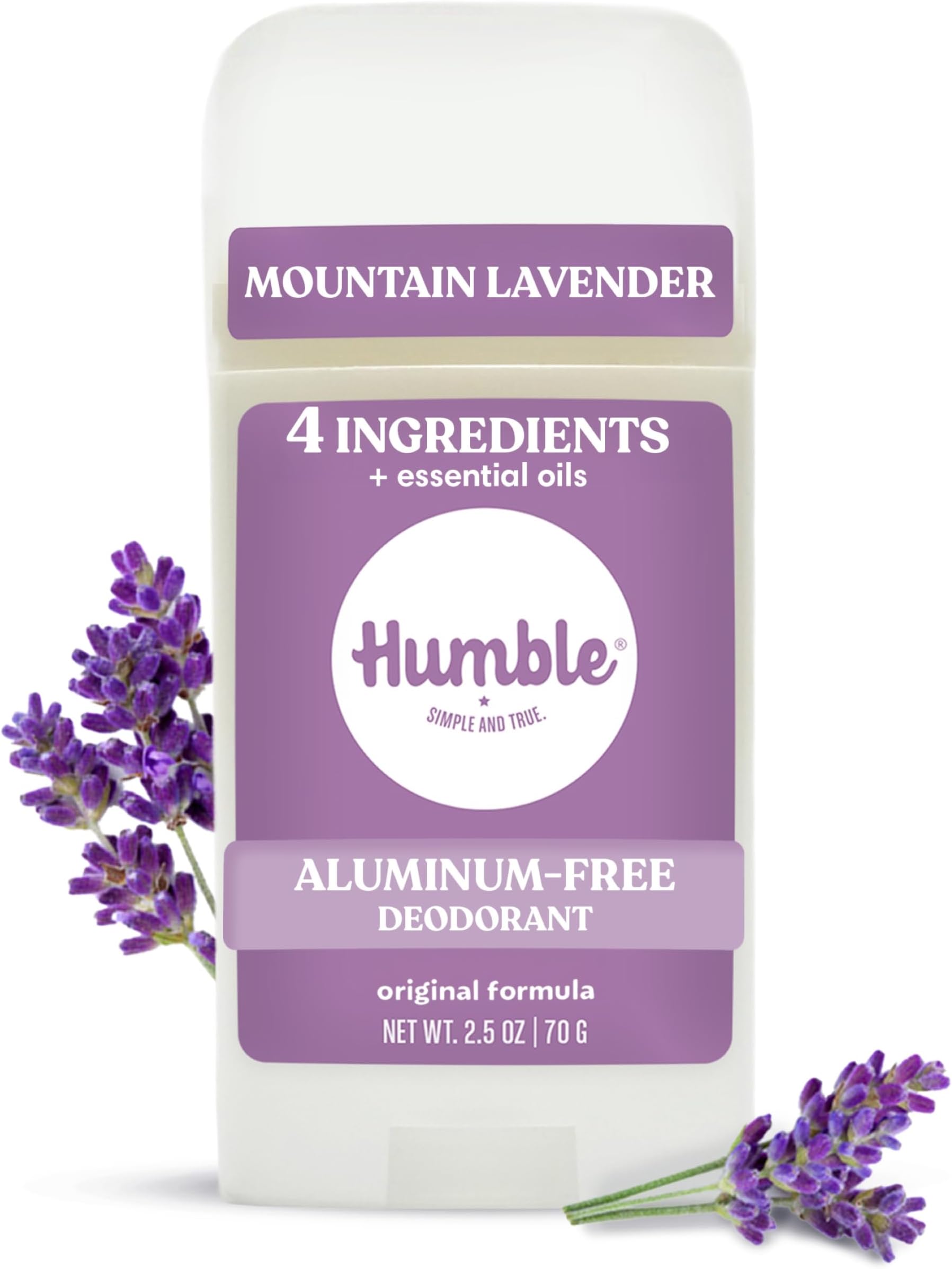 HUMBLE SIMPLE AND TRUE. Br s All Natural Aluminum Free Deodorant Stick for Women Men, Lasts All Day, Safe, Certified Cruelty Free, Mountain Lavender, Pack of 1