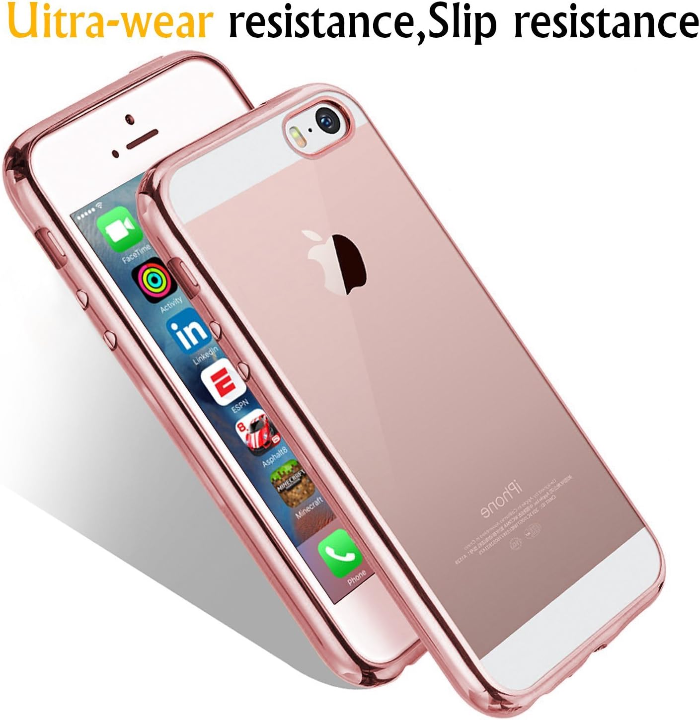 iPhone SE Case, Splaks [Rose Gold] Extra Shock-Absorb Clear Back Panel+Rose Gold Metal Plating Frame, Extreme Lightweight Soft Flexible Silicone Rubber Anti-Scratch Protective Case for iPhoneSE/5/5S