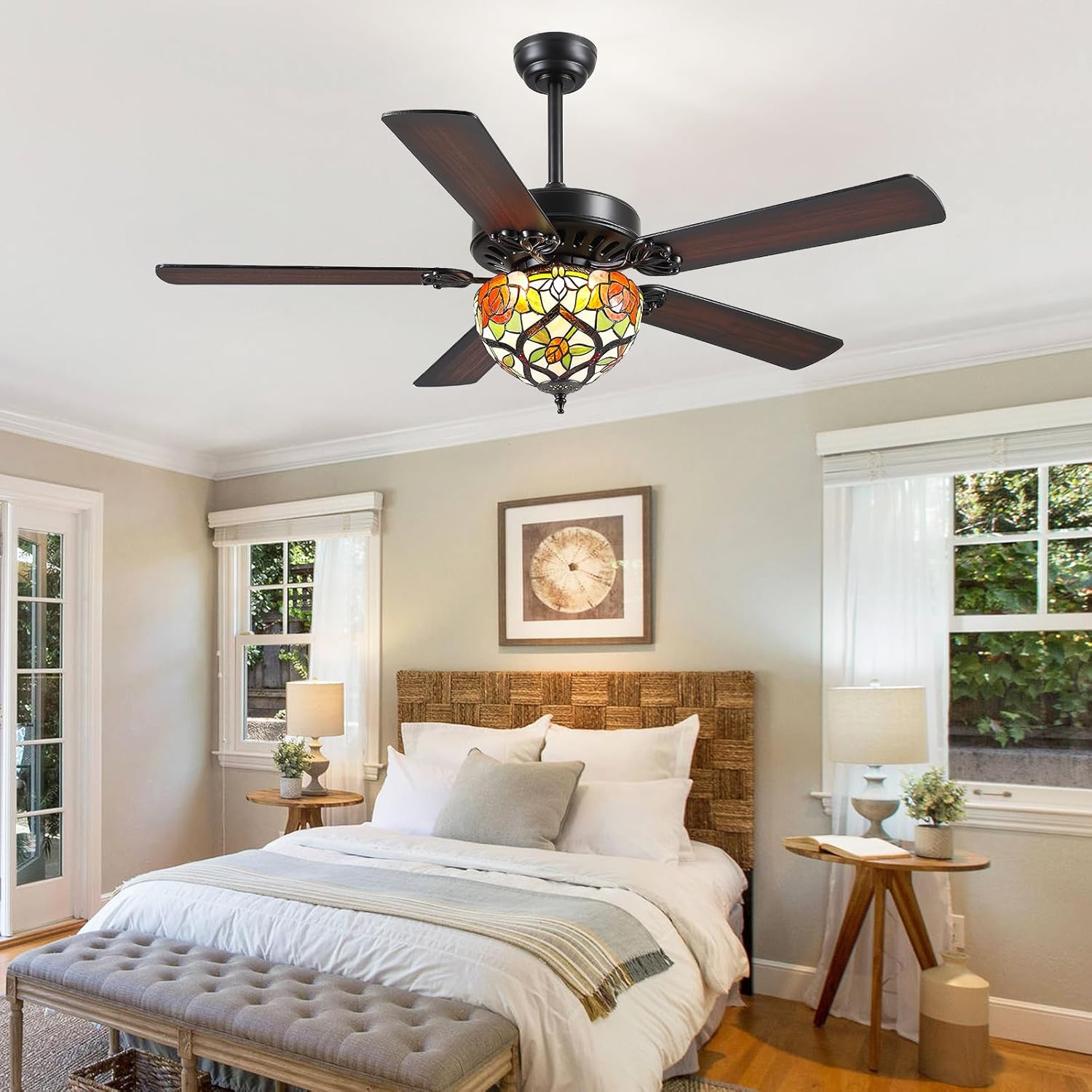 BYKISTOK 52" Ceiling Fans with Glass Shade - Black Low Profile Ceiling Fan Chandelier with 5 Reversible Blades, 3CCT Dimmable, Indoor and Outdoor Antique Fan Light Fixture, Retro, Farmhouse