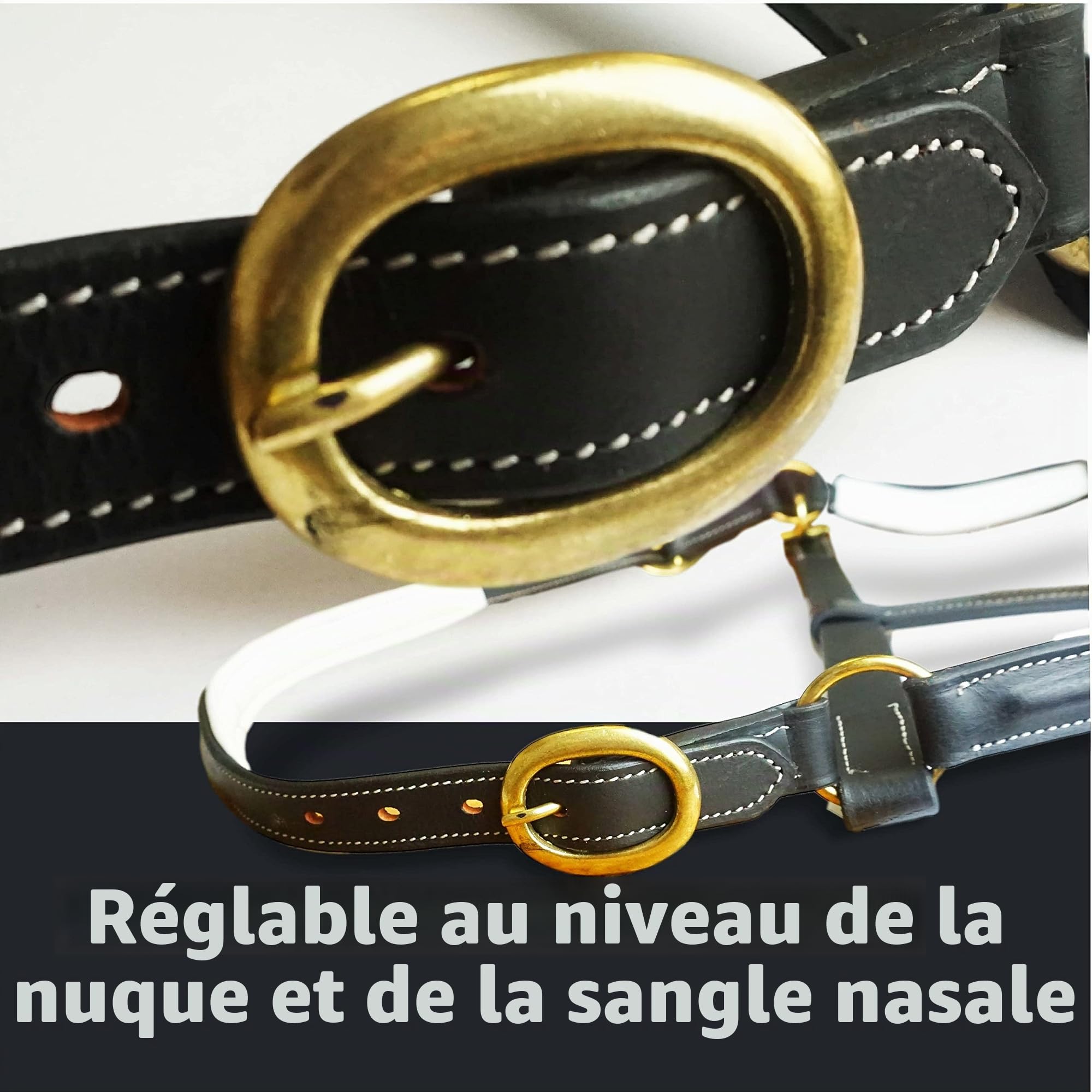 Licol en cuir noir pour chevaux, licol d'écurie de qualité supérieure en pony, sang chaud, cob, sang froid, sûr et indéchirable (pony, noir et blanc)