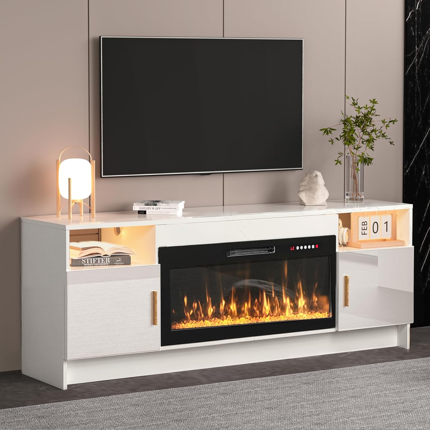 White Electric Fireplace TV Stand with Led Lights-Entertainment Center for Up to 80 inch TV-Modern TV Console for Living Room with Storage Cabinet