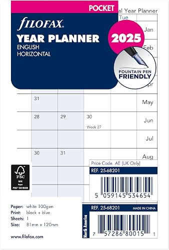 Filofax Recambio para calendario, tamaño de bolsillo, planificador anual horizon