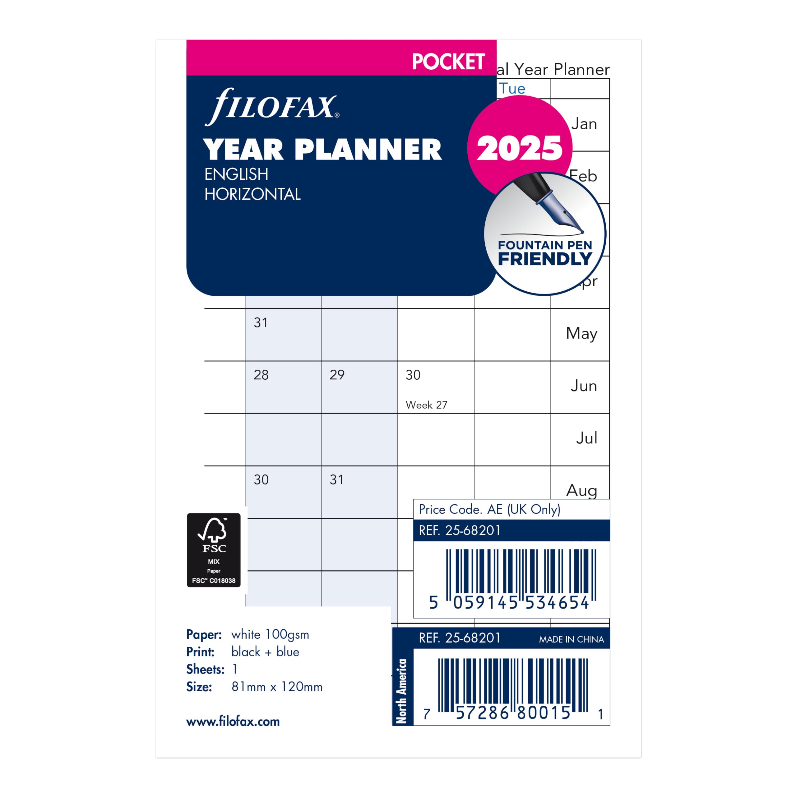Filofax Calendar Diary Refill, Pocket Size, Horizontal Year Planner, White Paper, English, 2025 (C68201-25)