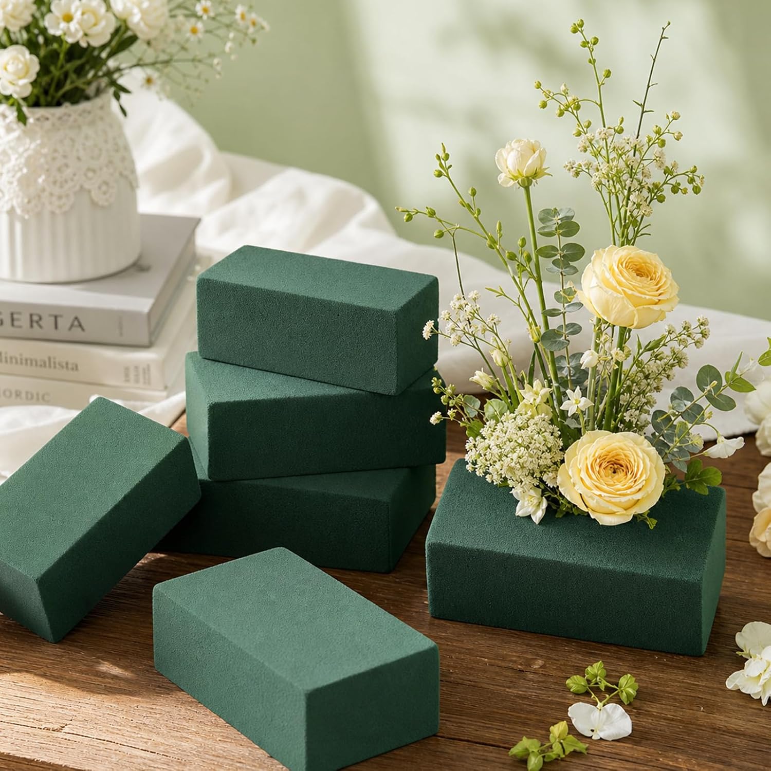 40 Pcs Floral Foam Blocks Dry with Green & Clear Floral Tape | 40 dry floral foam blocks with protective film plus green and clear floral tape for artificial flower arrangements