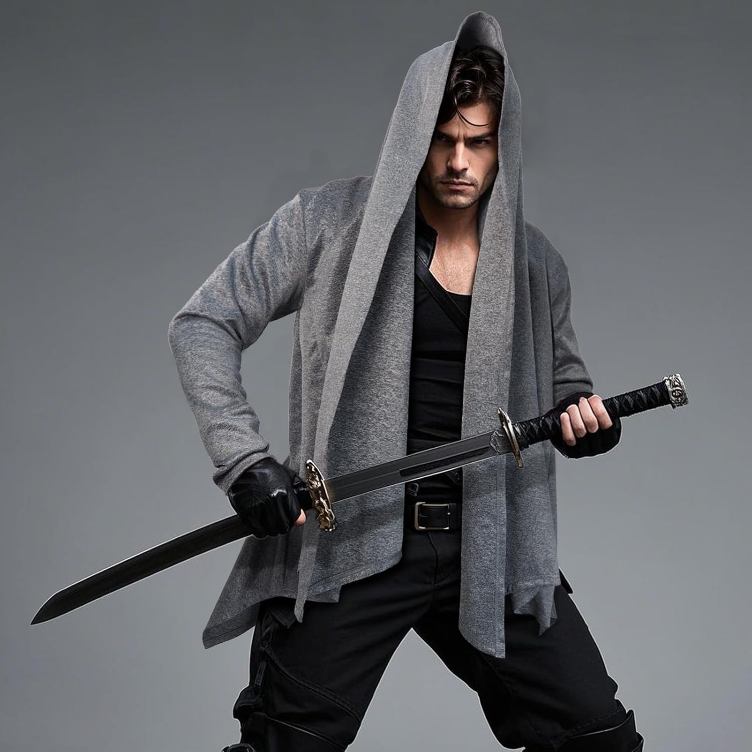 Mens Streetwear Long Hooded Cardigan with Ruffle Shawl Collar, Open Front, Lightweight Drape Cape and Belt,Samurai Cosplay - Image 6