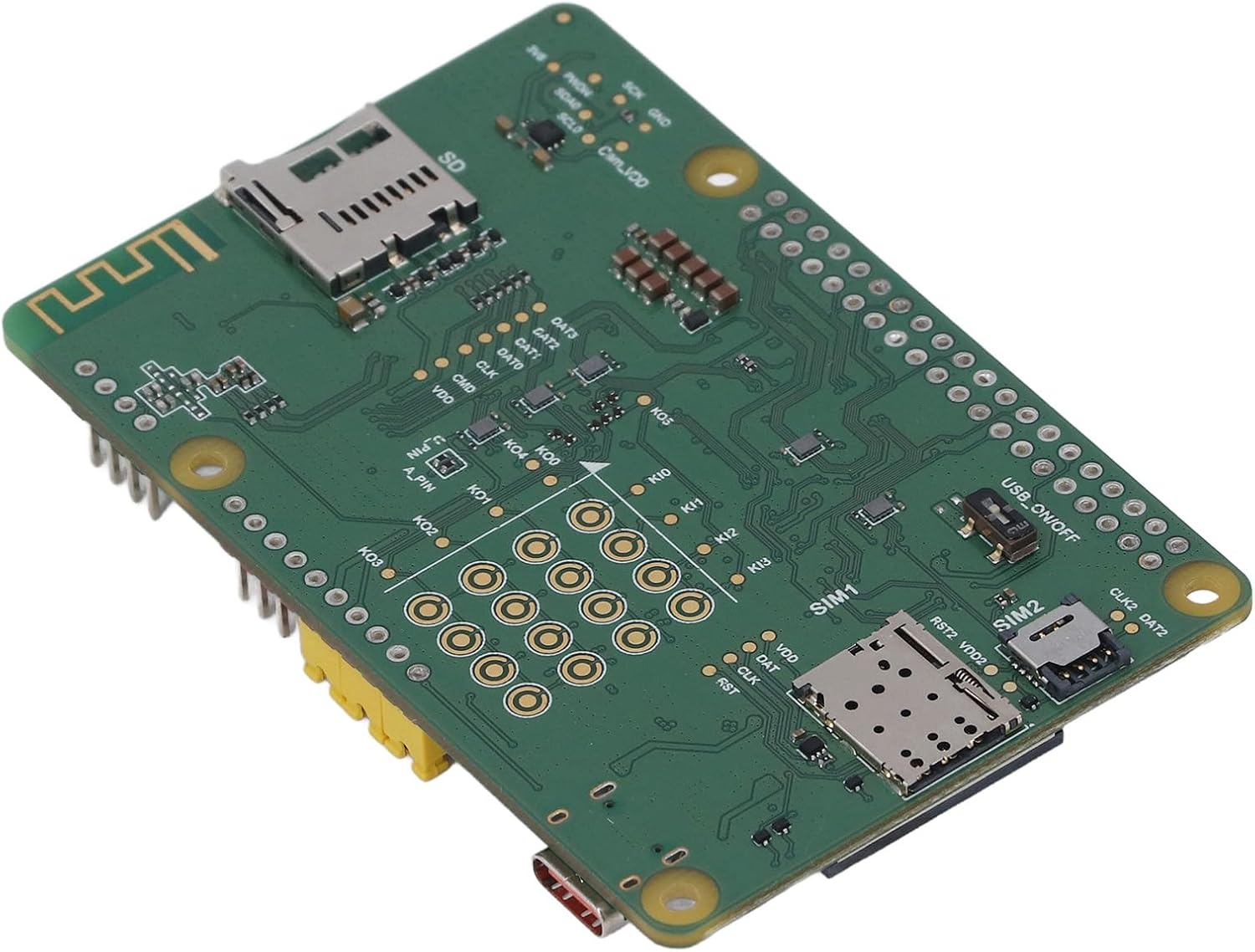 FOSA EC200U C4 P01 Development Board shown alongside an antenna and a USB cable, illustrating included accessories.