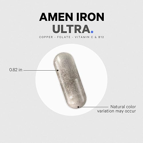 Miniatura 8 de Amen Iron Ultra Suplemento + cobre, folato, vitamina C y B12 - Suministro de 2 meses - Vitamina de hierro y sulfato ferroso - 65 mg por porción -