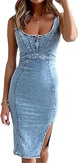 Women's Sleeveless Bodycon Denim Tank Dress Scoop Neck Zip Up Side Slit Stretchy Wrap Club Party Jean Midi Dresses - Buy now