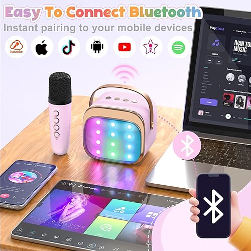 Miniatura 4 de FLUESTON Mini máquina de karaoke para niños y adultos, altavoz Bluetooth portátil con 2 micrófonos inalámbricos, regalos de cumpleaños, juguetes