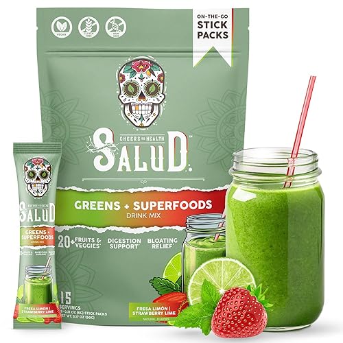 Polvo de verduras 2 en 1 Salud + sobres de mezcla de bebida de superalimentos, más de 20 frutas y verduras, probióticos, prebióticos, apoya la salud