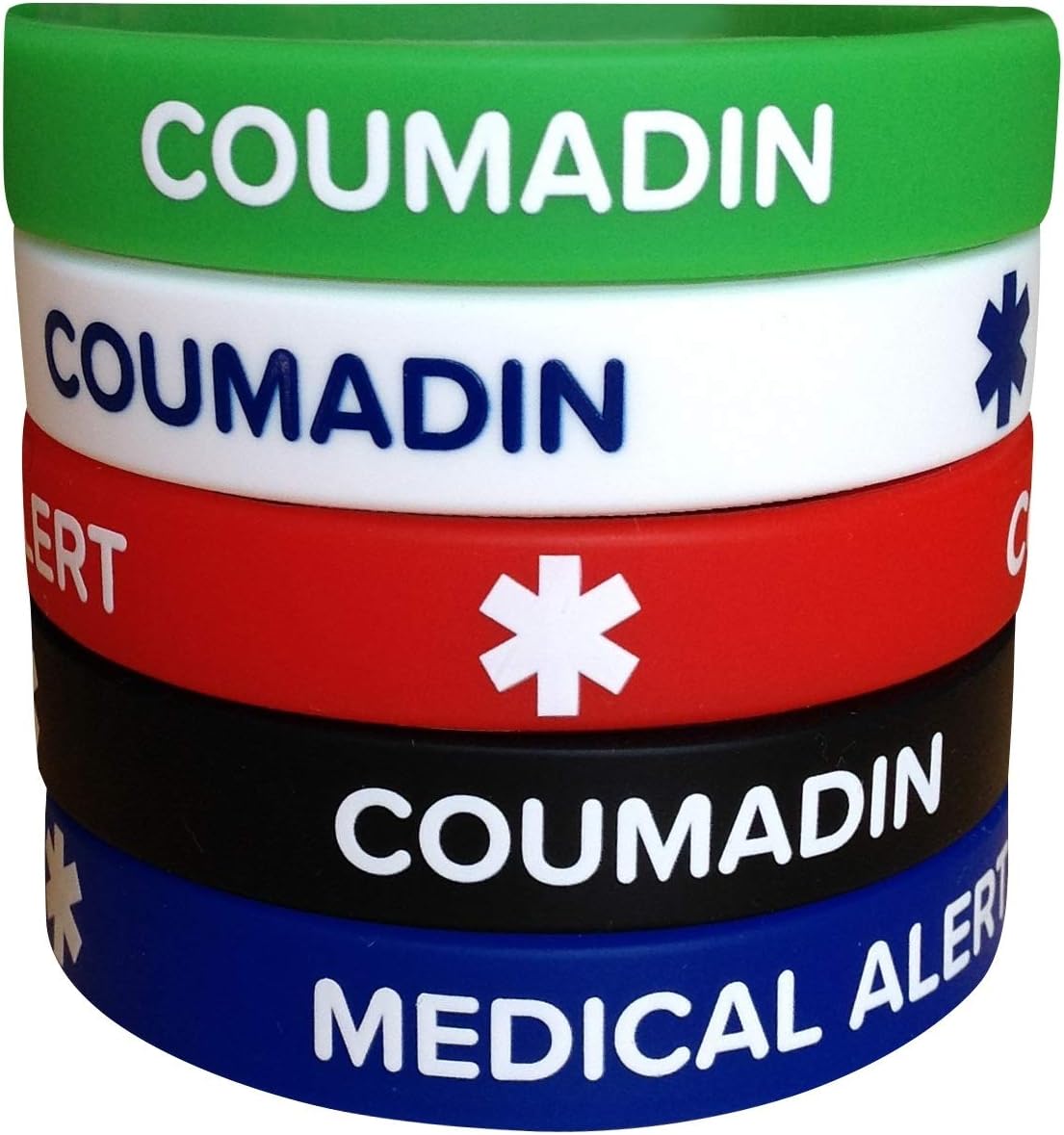 Coumadin Medical Alert Silicone Bracelets – 5 Pack - 7.8 inches - Adult Wristbands for Blood Thinner Awareness – Waterproof, Unisex for Men & Women
