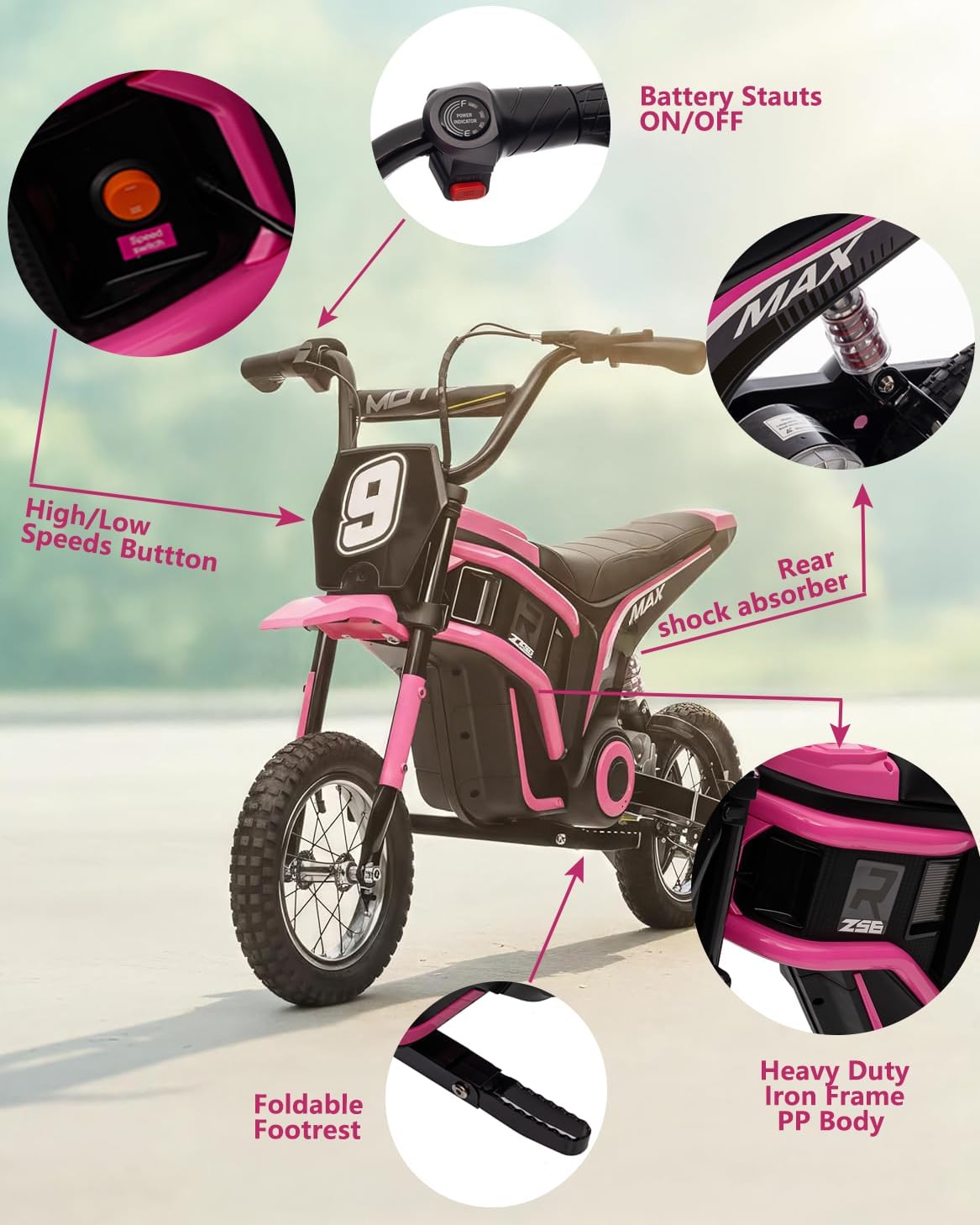 Garvee Kids Ride On Electric Dirt Bike,Kids All Terrain Electric Motorcycle,24V 350W Ride On Toy for Toddlers, Up to 14.5 MPH,Load 135 Lbs,Shock Absorption