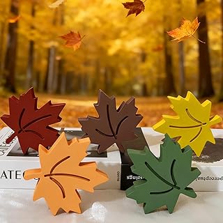 Fall Decor 5 Pcs Wooden Maple Leaf Block Sign - Vintage Farmhouse Autumn...