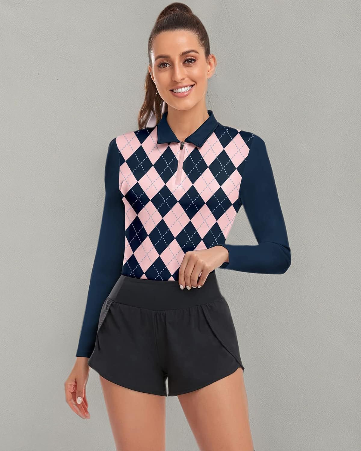 Soneven Women's Long Sleeve Golf Polo Shirts Moisture Wicking Quick Dry Half-Zip Pullover Athletic Workout Striped Tops
