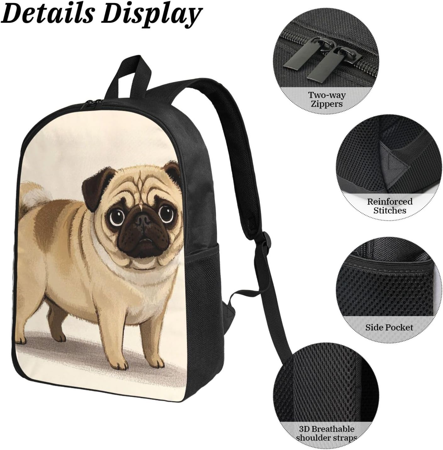 cartoon pug Backpack Set 3 PCS - 17 Inch Laptop Backpack with Lunch Bag, Waterproof Daypack Insulated Lunch Box Large Capacity Coin Pouch Personalized Gift image 5