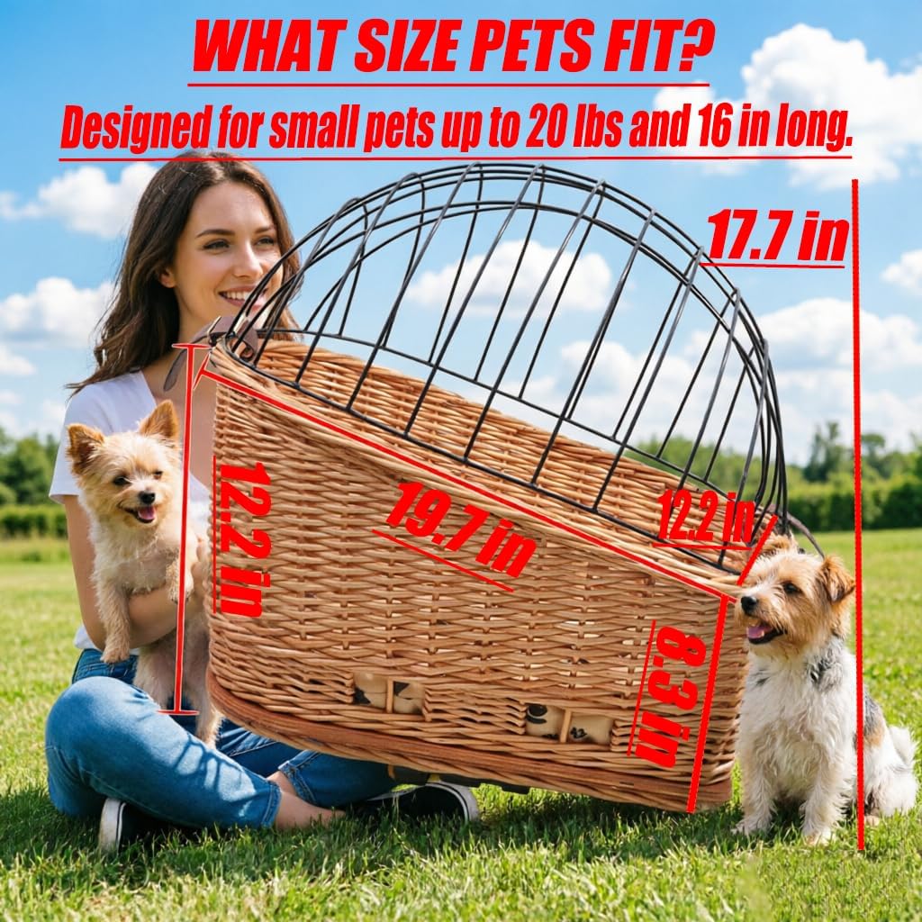 Dog Bike Basket Natural Wicker Rattan Pet Bicycle Carrier for Small Dogs Cats Fits Rear Luggage Rack Up to 20 lbs, Secure & Comfortable