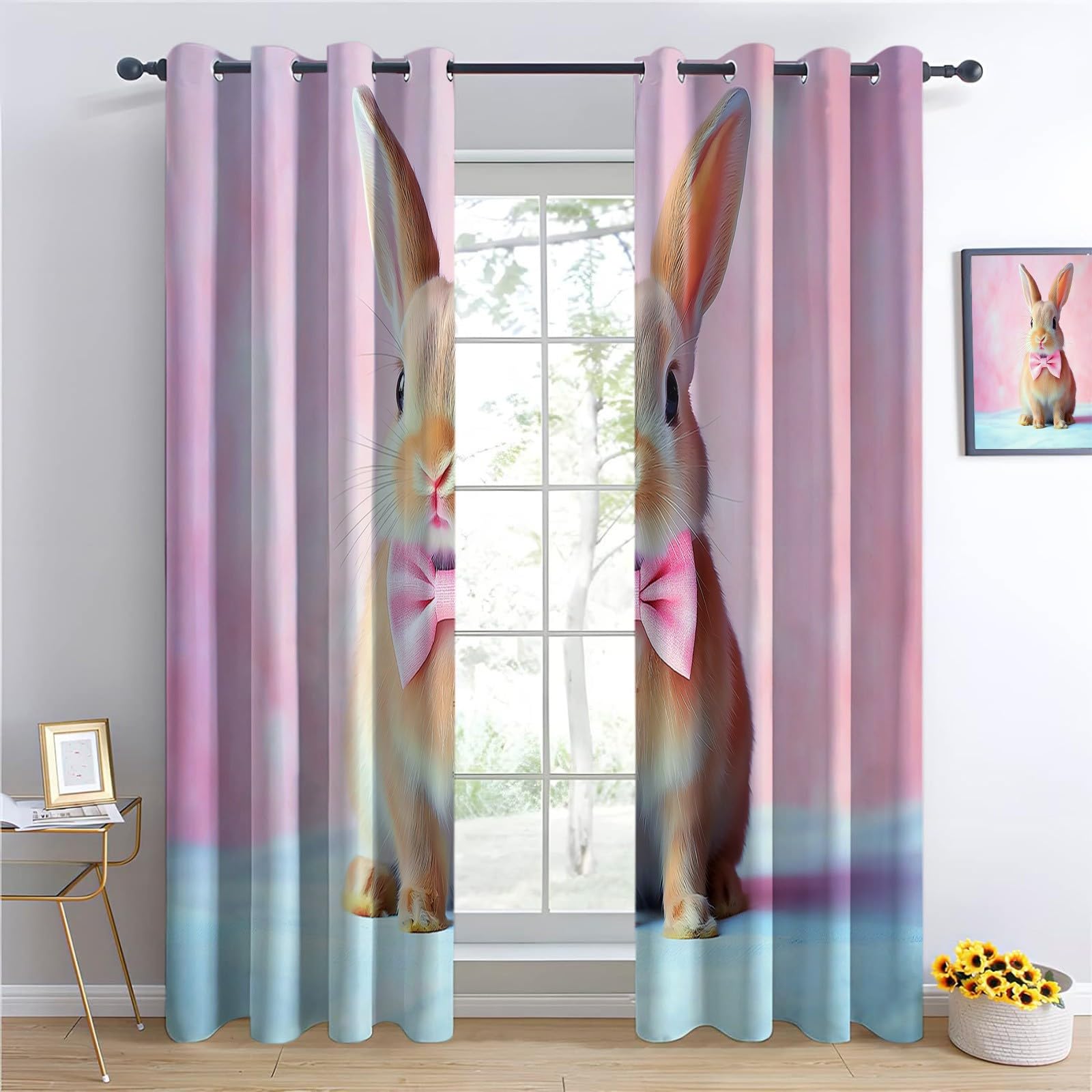 Genérico Rosa Cortinas Opacas térmicas Que bloquean la luz, Muro De Ladrillos con Conejito Y Lazo Cortinas Opacas con Ojales para Dormitorio y Sala de Estar 140 x 260 cm (2 Paneles)
