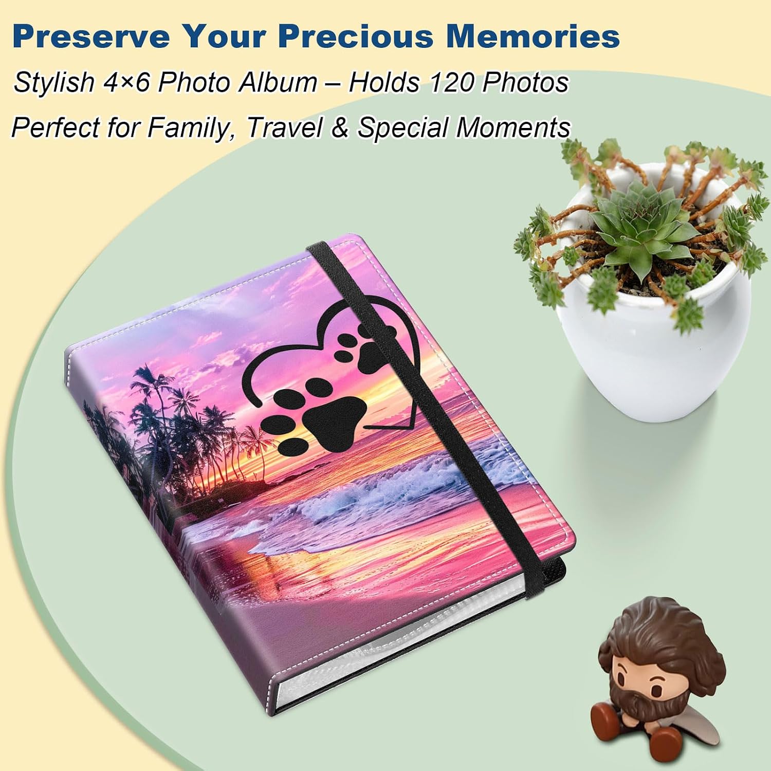 Small Photo Album 4x6 for 120 Pictures, PU Leather Cover Picture Album with Elastic Band, Mini Photo Book for Family Baby Wedding Anniversary Travel Scrapbook, Pink Seascape