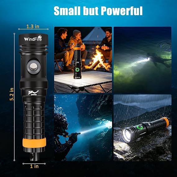 WINDFIRE Dive Light, Super Bright Scuba Diving Flashlight Rechargeable with Power Indicator, IP68 Waterproof 197 ft Depth Underwater Torch for Snorkeling, Night Diving, Caving