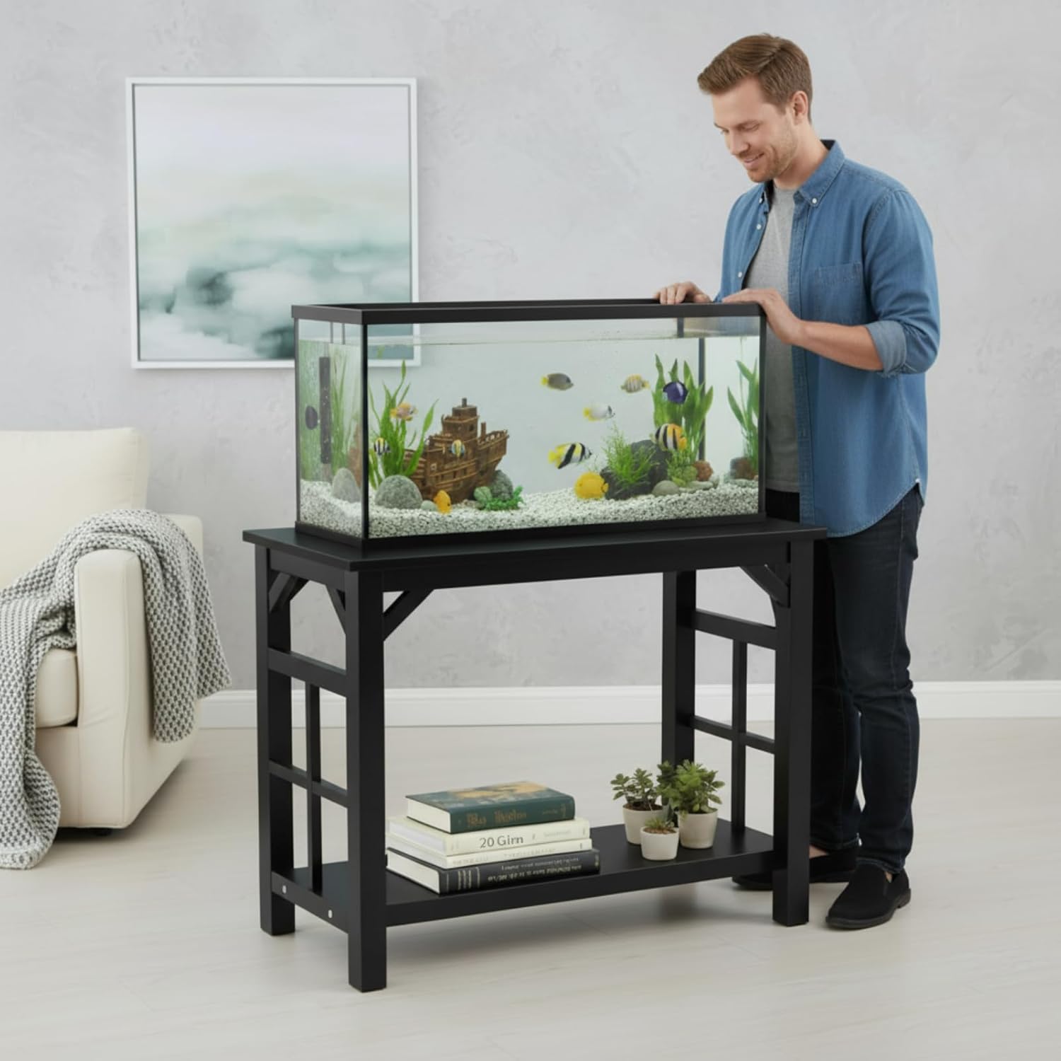 20 Gallon Fish Tank Stand, Solid Wood Heavy Duty Aquarium Terrarium Stand for Home Office Fish Tank Shelf Table, Black, 25.5 x 14 x 24.4 Inch