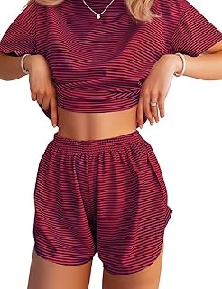 Womens Pajama Sets Shorts Striped Print Two Piece Lounge Sets Crew Neck Sleepwear Split Shorts Set Soft Pjs