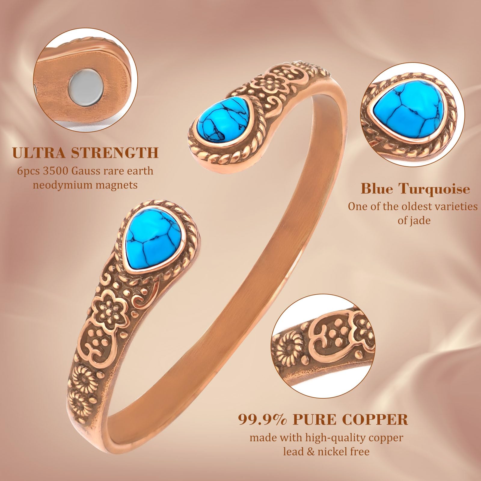 Barrette magnétique en cuivre pour femme - Bracelet magnétique avec 6 aimants puissants - Fleur vintage - Bracelet en cuivre avec 2 turquoise