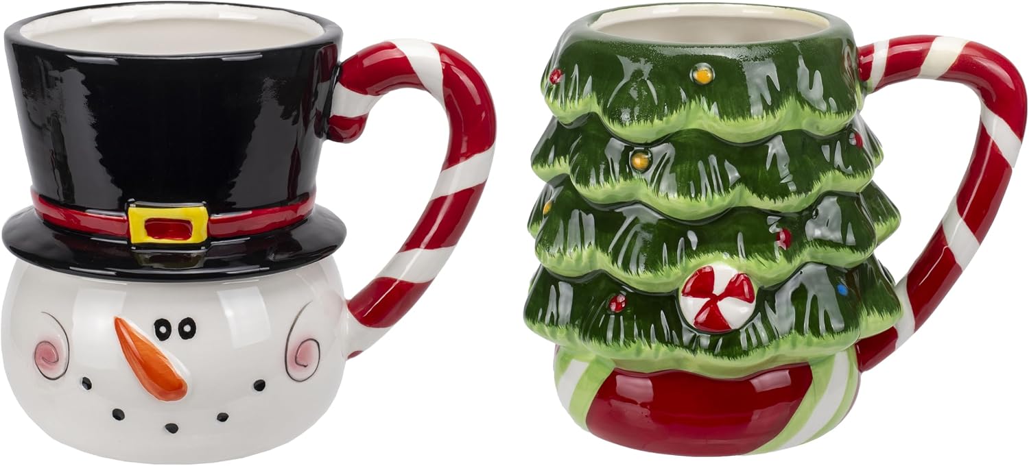 Snowman and Tree 16 ounce Dolomite Ceramic Christmas Holiday Festive Coffee Tea Cup Mugs For Your Favorite Morning Brew Pack of 2