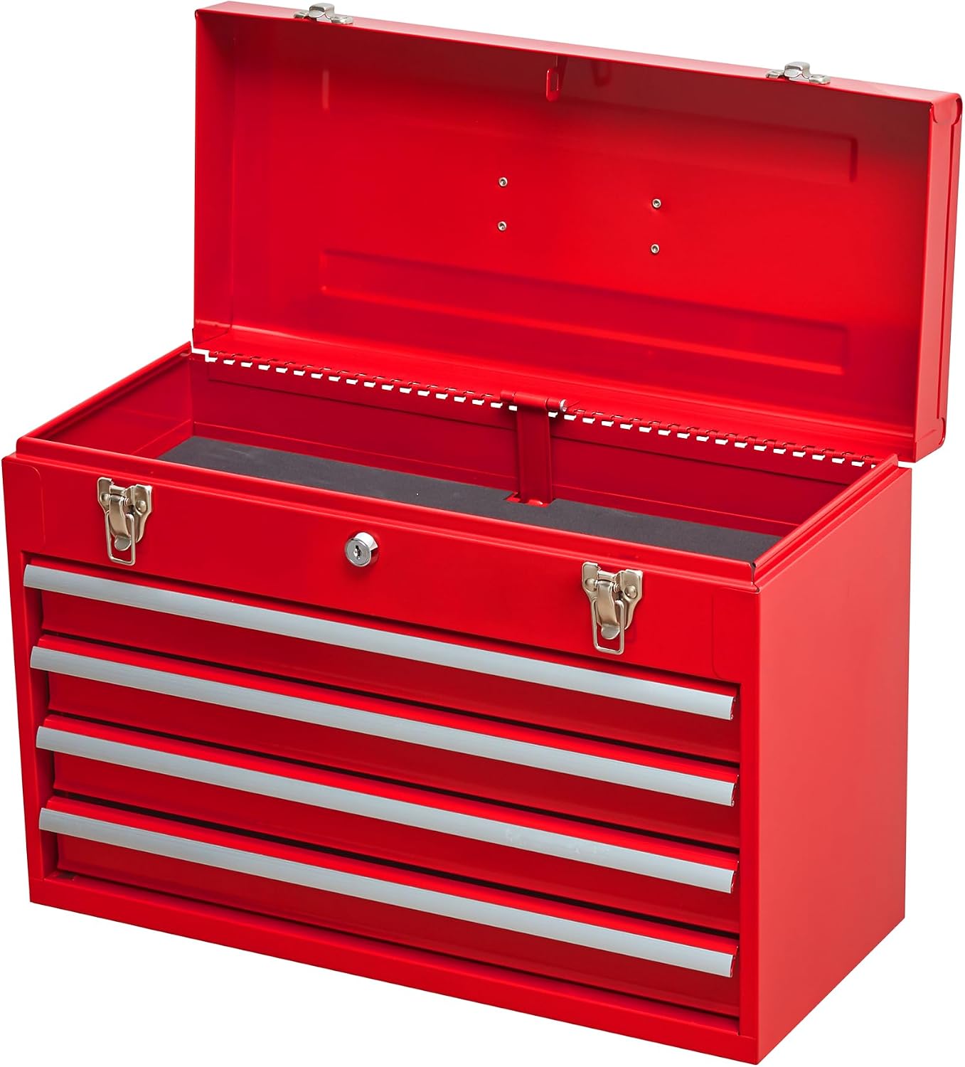 4 Drawers Metal Tool Box Portable Steel Tool Chest with Metal Cylinder Lock and Latch Closure, Tool Chest for Garage, Warehouse and Outdoor Repair Job, Powder Coating (Red)