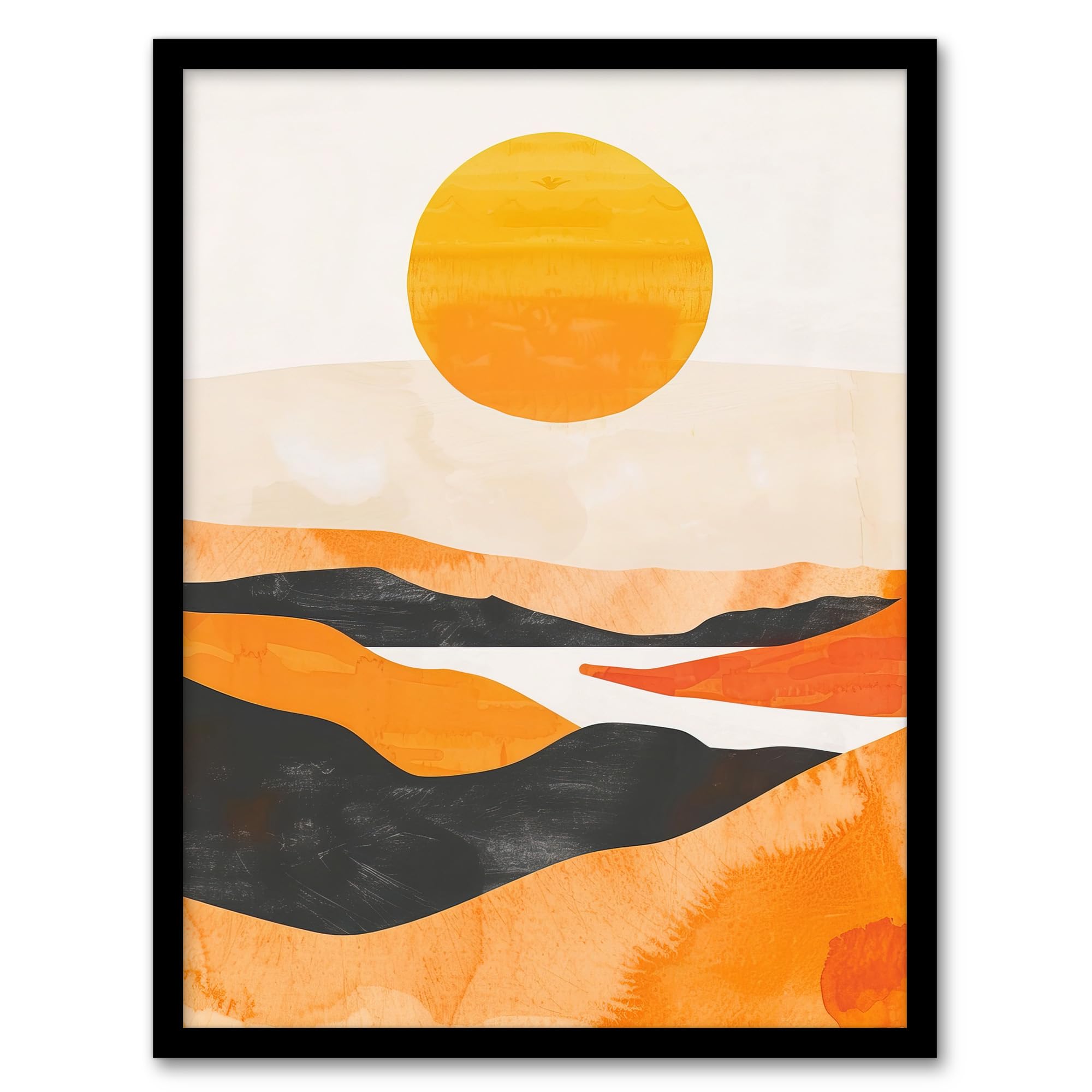 Artery8 Abstract Scottish Highland Landscape Boho Sunset Framed Wall Art - Mustard - A4