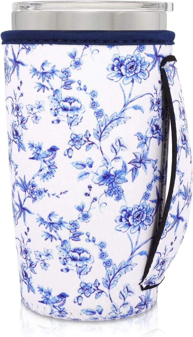 Neoprene Insulated Sleeves Cup Holder with Handle for 20oz Tumbler Cups, Reusable Iced Coffee Sleeve For 30oz - 32oz coffee cups(Abstract Floral China)