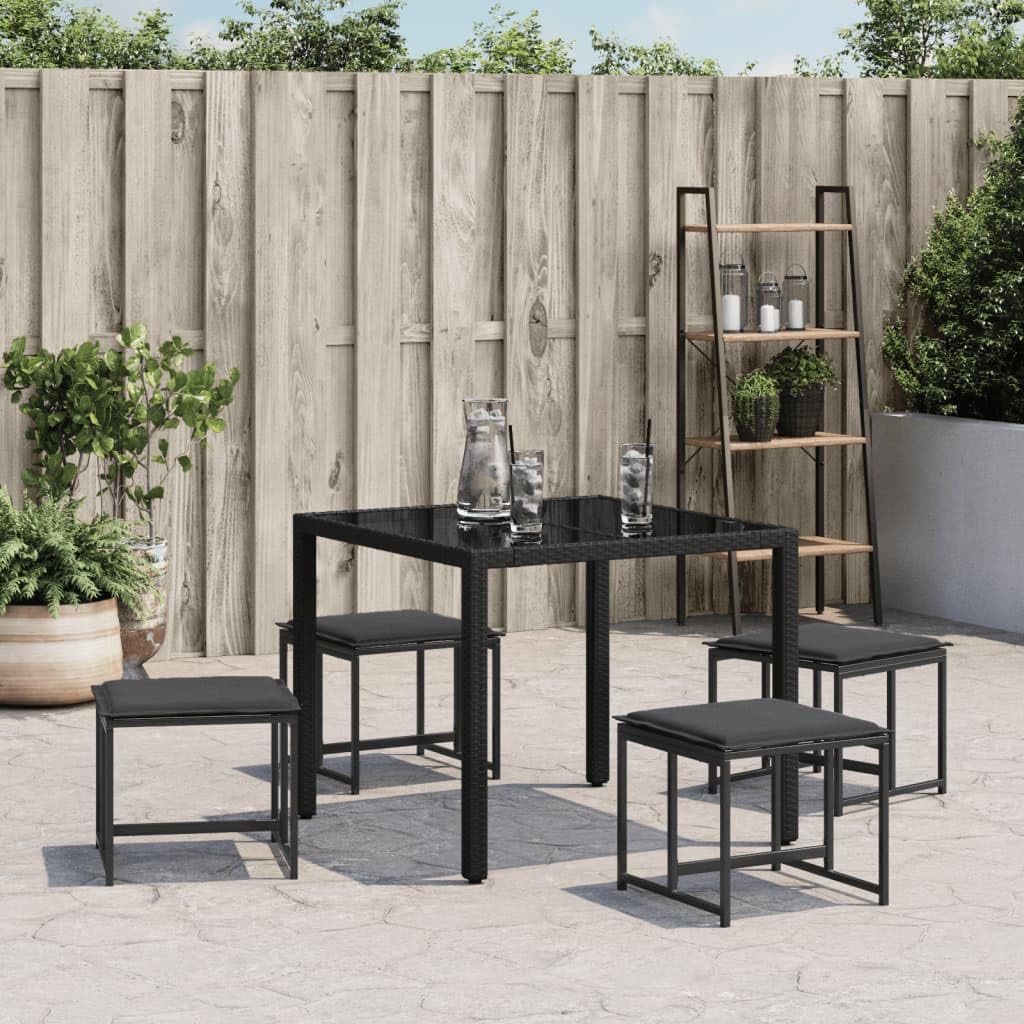 Sgabello da giardino con cuscino, 4 pezzi, nero, acciaio e textilene, 40 x 40 x 35 cm, resistente alle intemperie, resistente ai raggi UV, impilabile, per balcone, terrazza, esterno, con