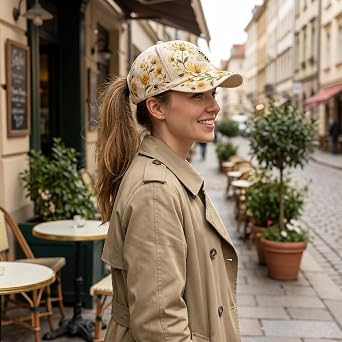Womens Floral Baseball Cap Ponytail Sun Hat Embroidered Flower Bee Print Ladies Breathable Summer Adjustable Cap Casual Outdoor Headwear Gardening Girls