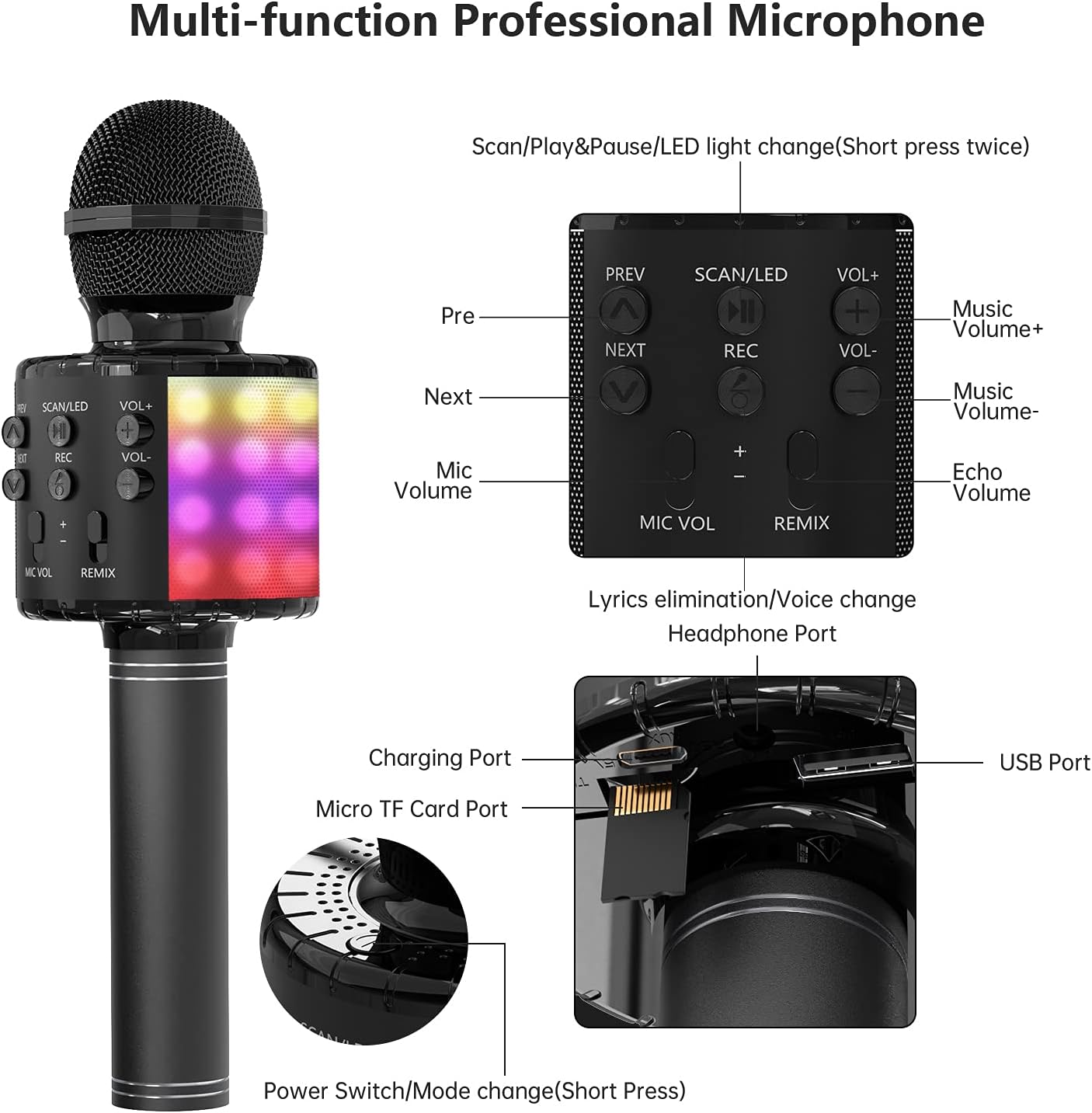 OVELLIC Karaoke Microphone for Kids, Wireless Bluetooth Karaoke Microphone with LED Lights, Portable Handheld Mic Speaker Machine, Great Gifts Toys for Girls Boys Adults All Age (Black Plus)