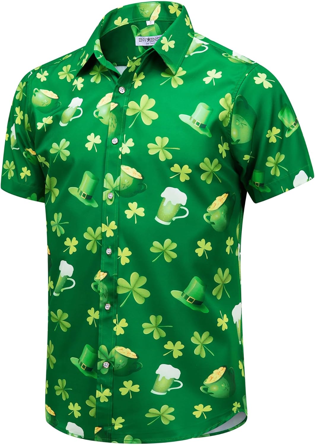 ENVMENST Mens St.Patrick's Day Shirt Irish Clover Printed Casual Short Sleeve Hawaiian Button Up Shirts