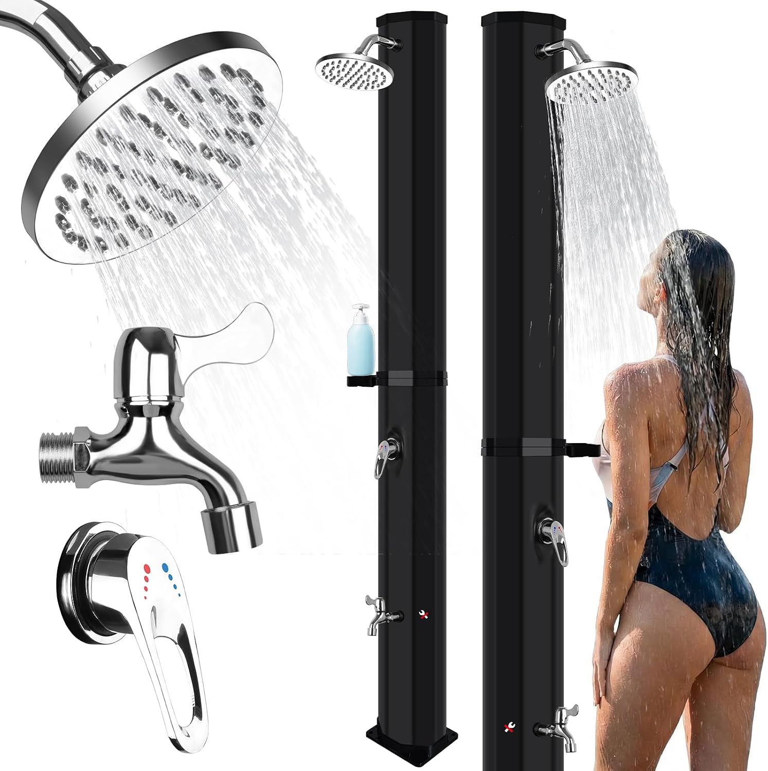 Ducha solar jardín 60L, 213cm, PVC negro, grifo inferior