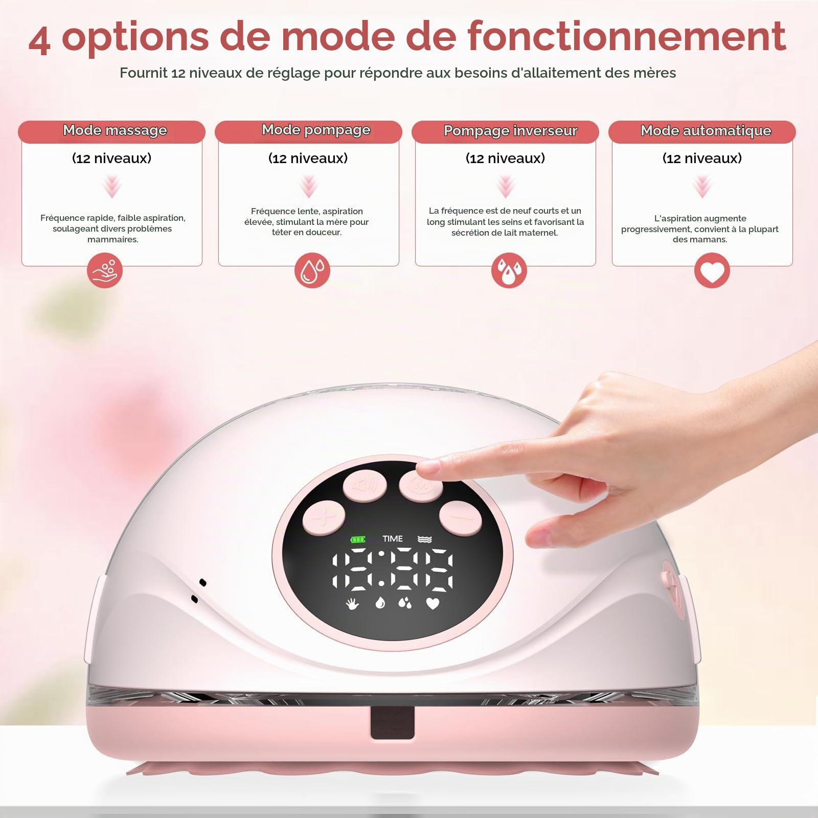 Tire-Lait Électrique Main Libre, 4 Modes 12 Niveaux, Silencieux ≤50dB, Portable avec Tétons 19/21/24 mm, Design Intégré, Accessoires Inclus