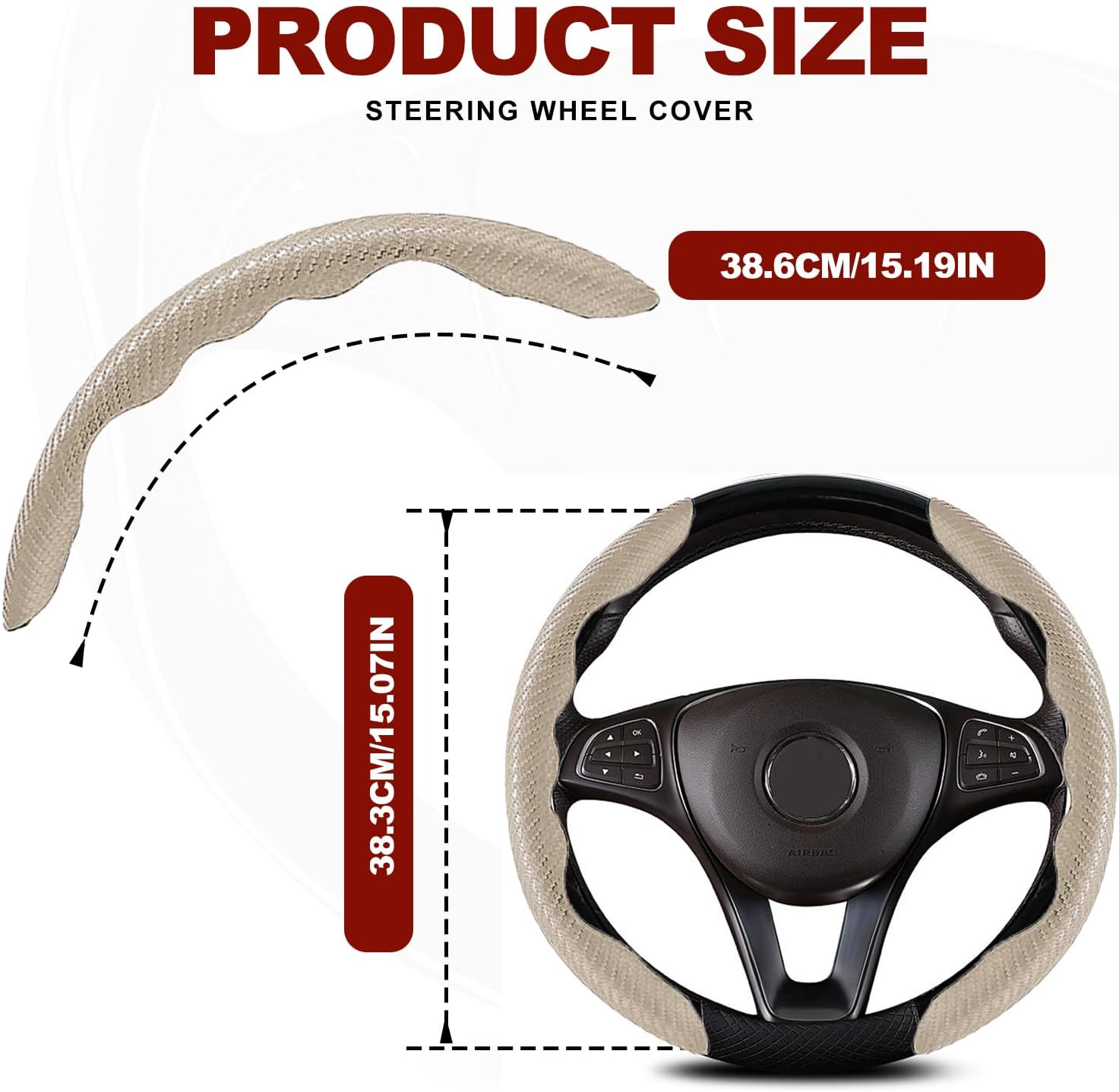 Universal Fit Carbon Fiber Steering Wheel Cover, Segmented Steering Wheel Protector, Carbon Fiber Anti-Skid Steering Wheel Cover Car Interior Accessories (2 Pcs Khaki)